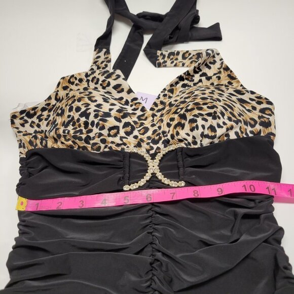 Sexy Halter Evening Dres Bodycon Black Mini Dress Animal Print - Size M - Picture 12 of 16